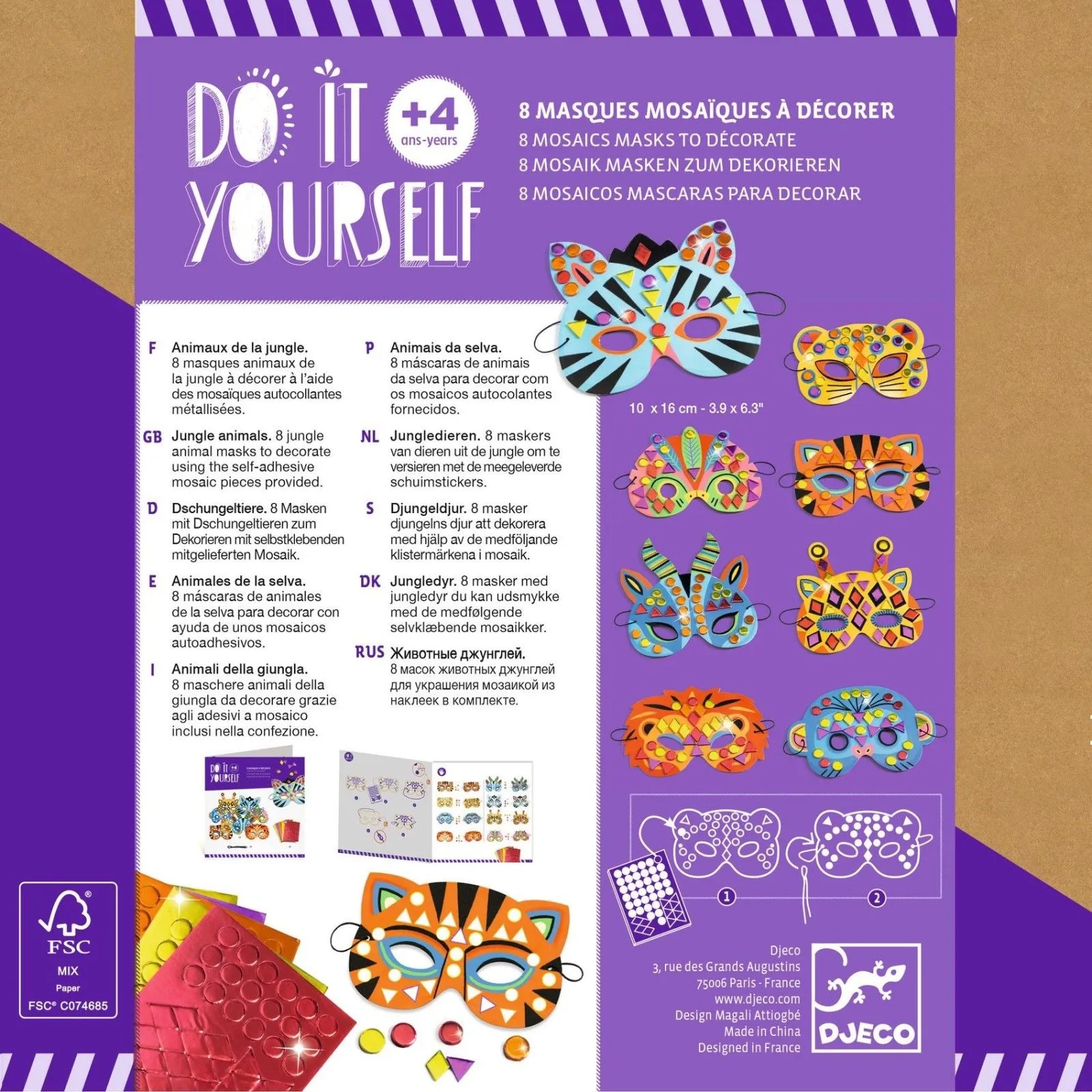 Djeco Do It Yourself - 8 mosaics masks to décorate - Jungle animals – vue 5 – Creative Kits