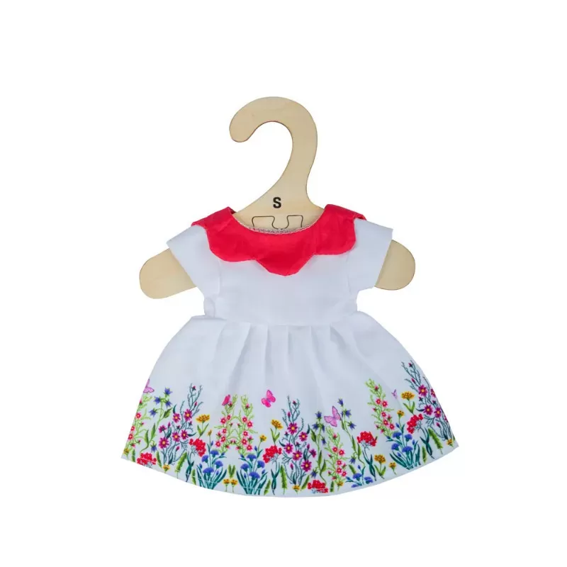 Bigjigs White Floral Dress with red Collar – vue 1 – Bigjigs Doll Clothes