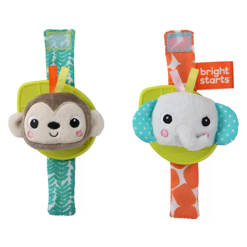 Kids2 Bright Starts - Hochet et jouet de dentition pour poignet, singe et éléphant – vue 1 – Hochets
