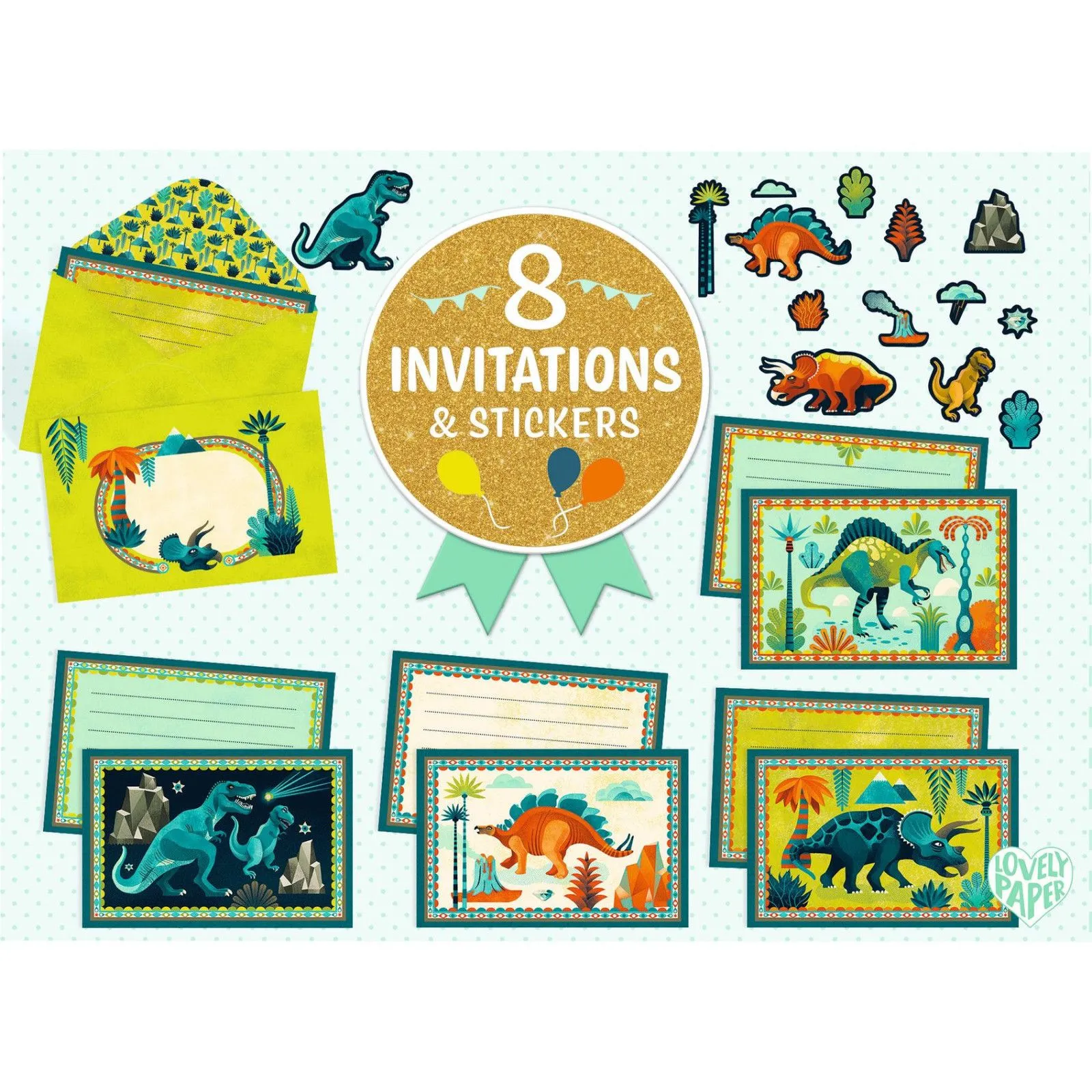 Djeco Lovely Paper - Invitations & Stickers - Cric croc, Dino Rock ! – vue 1 – Creative Stationery