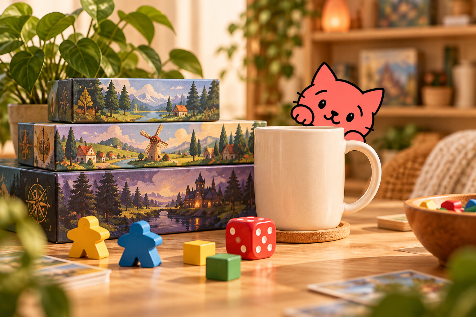 La mascotte chat corail près d’une tasse et de jeux de société