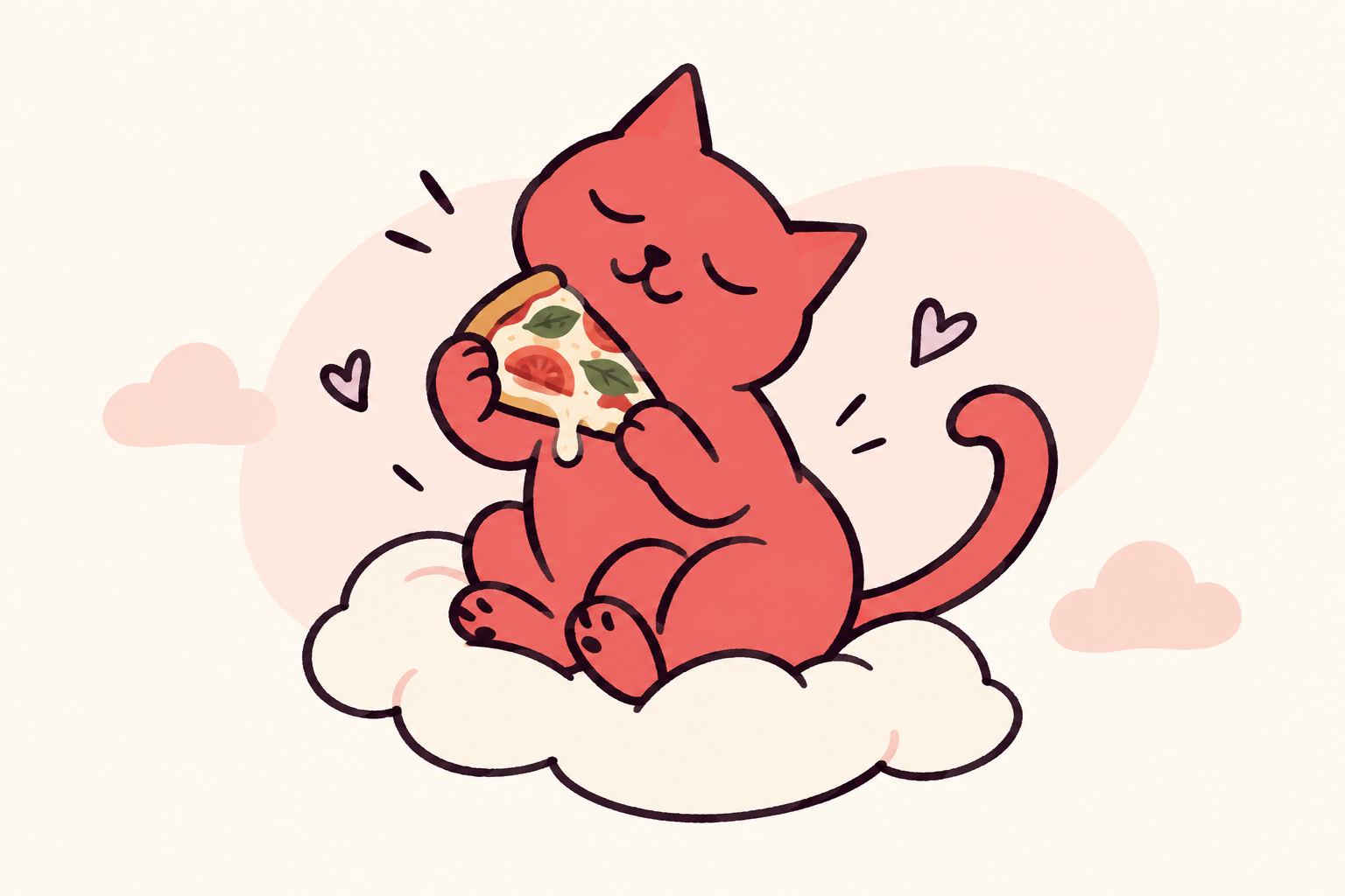 Le chat corail du Nuage avec une part de pizza