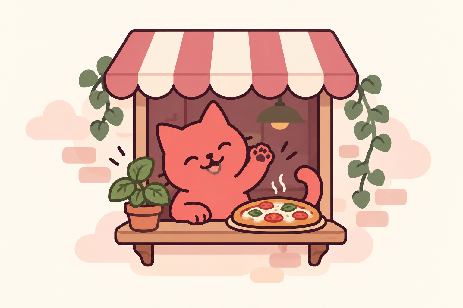 Le chat corail à la fenêtre d’une pizzeria illustrée
