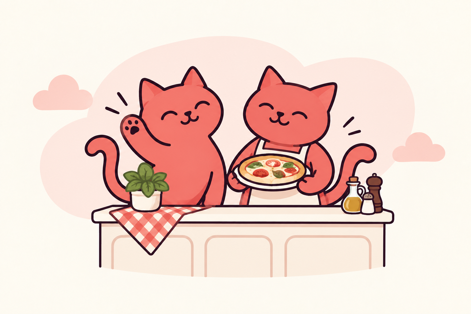 Deux chats corail accueillent les visiteurs avec une pizza